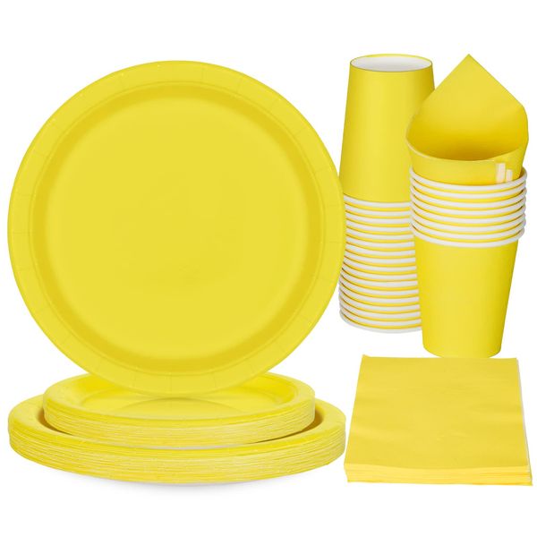 PARTY GO 96 Pcs Yellow Tableware Set, Paper Plates Cups and Napkins, Disposable Dinnerware Party Supplies for Graduation Holiday Wedding Birthday Party Baby Shower Decorations Serve 24 Guests