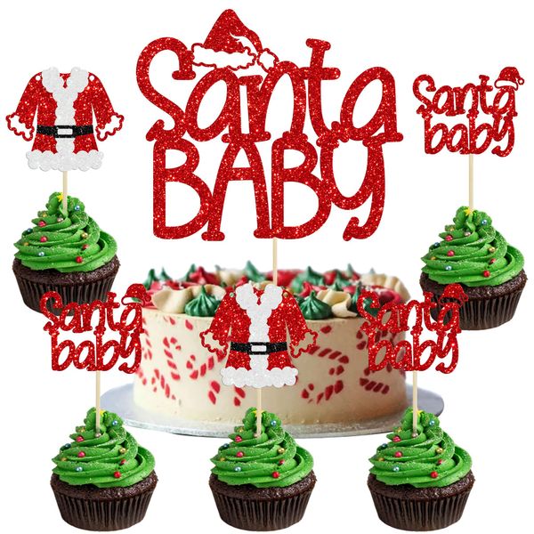 25Pcs Christmas Santa Baby Cake Toppers Glitter Merry Christmas Baby Cupcake Toppers for Christmas Baby Shower Gender Reveal Kids Boys Girls Birthday Party Cake Decorations Supplies