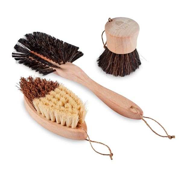 Natural Life NL109002 Kitchen Set by Tower, fantail dish brush, bottle brush, scrubbing brush, vegetable brush, Beech Wood