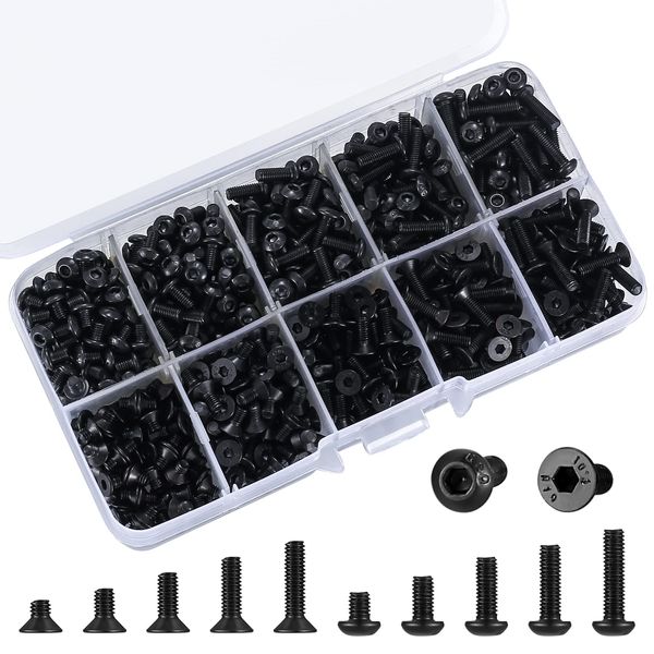 720 Pcs M3 Metric Hex Socket Head Cap Screws Bolts Set, Including 360 Pcs Countersunk Pan Head Screws, 360 Pcs Flat Head Screws for 3D Printer Machine - Black, 4mm/6mm/8mm/10mm/12mm. (Black)