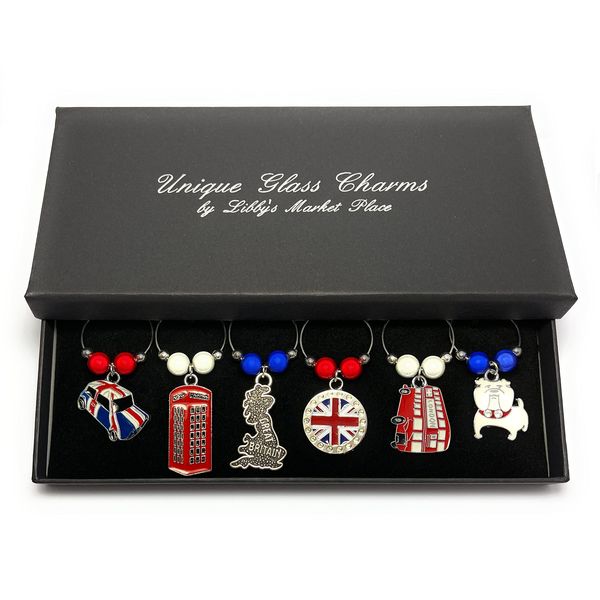 Libby's Market Place Colourful Great Britain British Wine Glass Charms with Gift Box