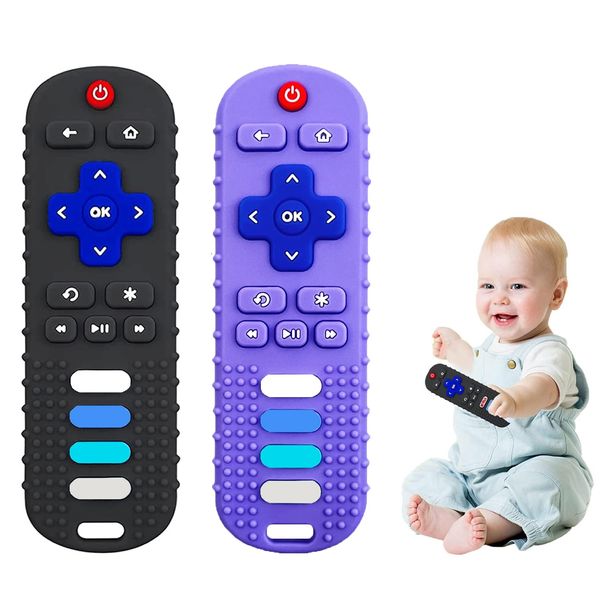 ERSIHUA 2-Pack Baby Teething Toys-TV Remote Control Shape Silicone Infants Teething Toys for Babies 0-18 Months,BPA-Free (L-Purple+Black)