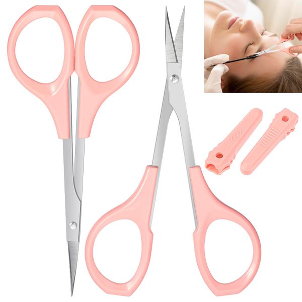 PEOVLVN 2 Pack Eyebrow Scissors for Women, Professional Grooming Scissors Curved Craft Scissors Mini Scissors with Cap Small Beauty Scissors for Facial Eyebrows Beard Mustache Nose Hair Trimming