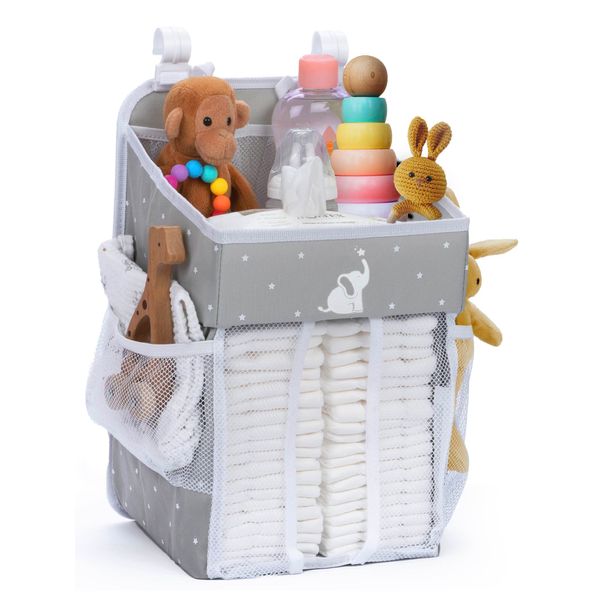 Cradle Star Hanging Diaper Caddy Organizer with Multiple Pockets - Baby Organizer for Nursery Accessories - Changing Table Organizer and Diaper Storage - 17x9x9 in - Gray