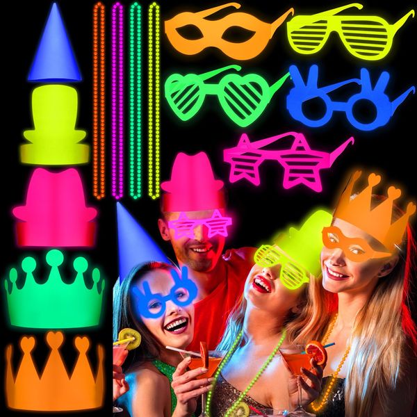 Hungdao 40 Pcs Neon UV Black Light Reactive Party Favors Bulk Neon Paper Glow Party Supplies, Neon Glasses Glow in the Dark Paper Hat Glow Necklace for Birthday Concert Wedding Halloween