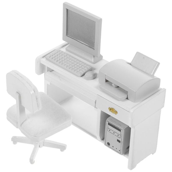 1 Set Miniature Computer Wood Mini Office Desk Toys Mini Office Desk for Crafts Tiny House Computer Model Miniature Office Ornament for Kids Doll House(White)