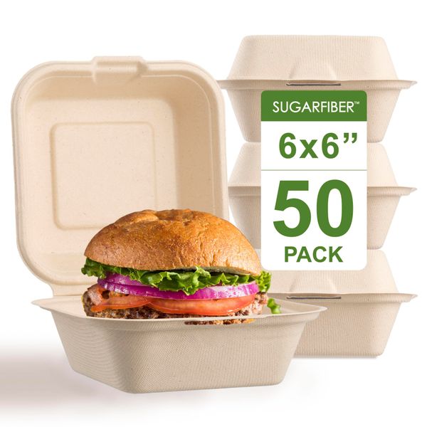 [50 COUNT] Sugarfiber by Harvest Pack 6 X 6" Compostable Clamshell Food Containers, Heavy-Duty Hinged Container, Disposable Bagasse Eco-Friendly Natural Takeout to go Box, Made from Sugarcane Plant