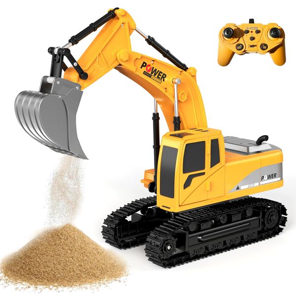 FUYLE Remote Control Excavator Toys, 1: 24 Engineering Digger Truck for Boys with Metal Shovel Lights Sounds, Turns 680 Degree, 2.4 GHz Construction Toys Christmas Birthday Present for Boys Kids