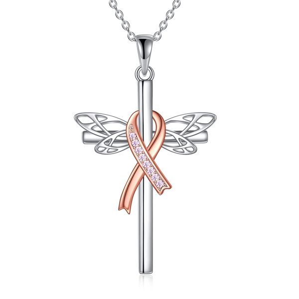 Breast Cancer Necklace 925 Sterling Silver Pink Ribbon Dragonfly Cross Pendant Necklace Breast Cancer Survivor Jewelry Breast Cancer Awareness Gifts for Women Girls