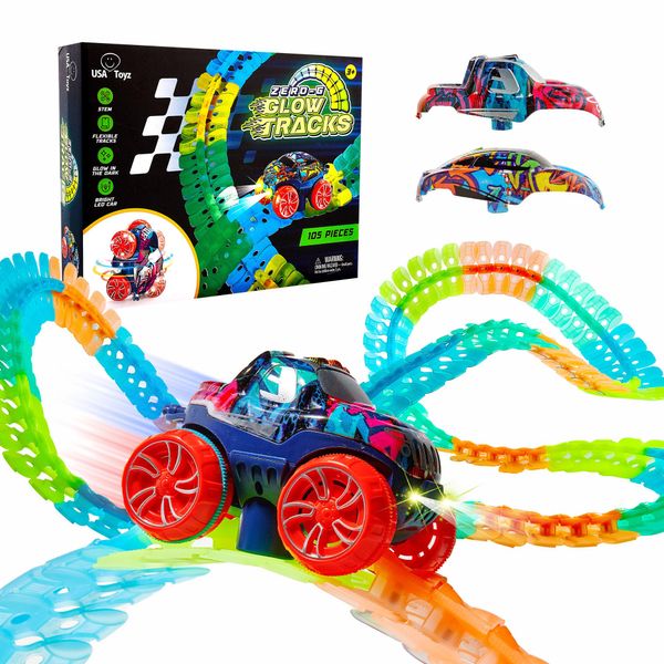 USA Toyz Zero-G Glow Race Track for Kids- 105pcs Glow in the Dark Flexible Race Car Track Set with Suction Cups, Slot Car, 2 Graffiti Toy Cars Shells, STEM Toy LED Car Tracks for Boys and Girls Age 3+