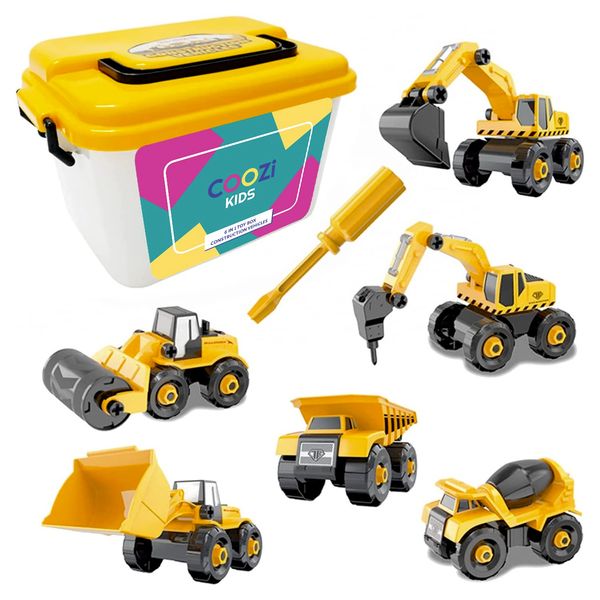 COOZI 6-in-1 Construction Toy Box for Children – Excavator, Bulldozer, Cement Truck, Dumper & More | Kids Construction Vehicles Toys for Boys and Girls | Engineering Vehicle Toys for Kids Toddler