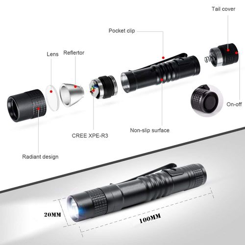 LED Pen Torch Mini Flashlight Super Small Pocket Clip Waterproof Powered by AAA Battery (not Included) Easy Carry Outdoor Gear for Hiking, Camping, Hunting, Fishing