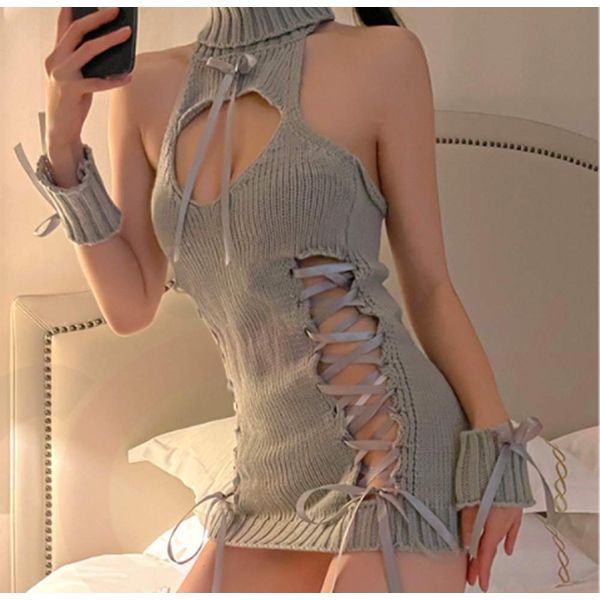 BeLoved Virgin Killing Sweater, 3rd Generation, Value 3-Piece Set, Dress / 2 Bracelets, One Size Fits Most, Gray, Babydoll Sweater, Back, Chest Horizontal, Backless, Knit, High Neck, Back Ribbon, Turtleneck, Sleeveless, Babydoll, Lingerie, Cute, Gift, Cos