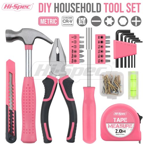 Hi-Spec Tool Set 25pc Pink Household DIY Tool Kit for Women. Small Mini Tool Box Set of Starter Basic Ladies Tools