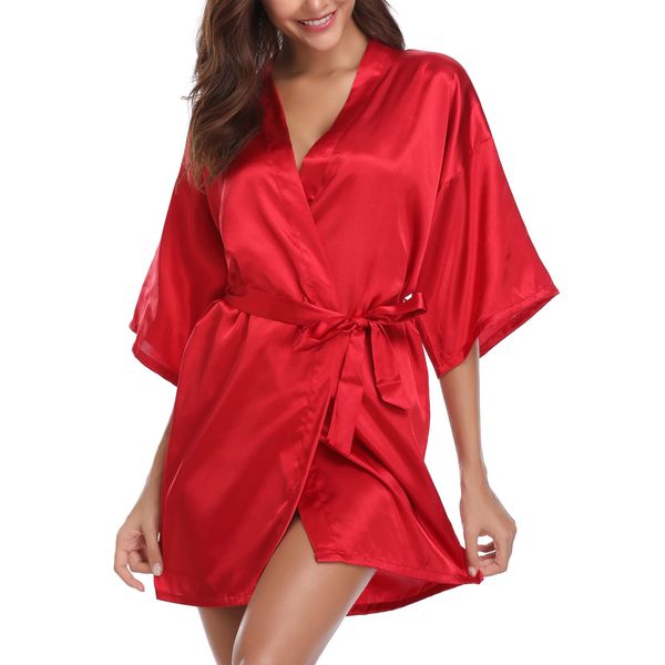 Vlazom Women Kimono Robes Satin Dressing Gown Short Bridal/Bridesmaid Robe Nightwear with Oblique V-Neck, Wine Red, L(UK 12-14)