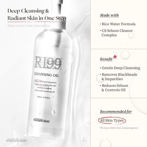 NATURECLASS] R199 Rice Cleansing Oil- Fast Emulsification, Pore-Cleansing, Blackhead Removal without Clogging Pores, Makeup Dissolving, and Hydrating Formula, Korean Skincare 6.76 Fl Oz