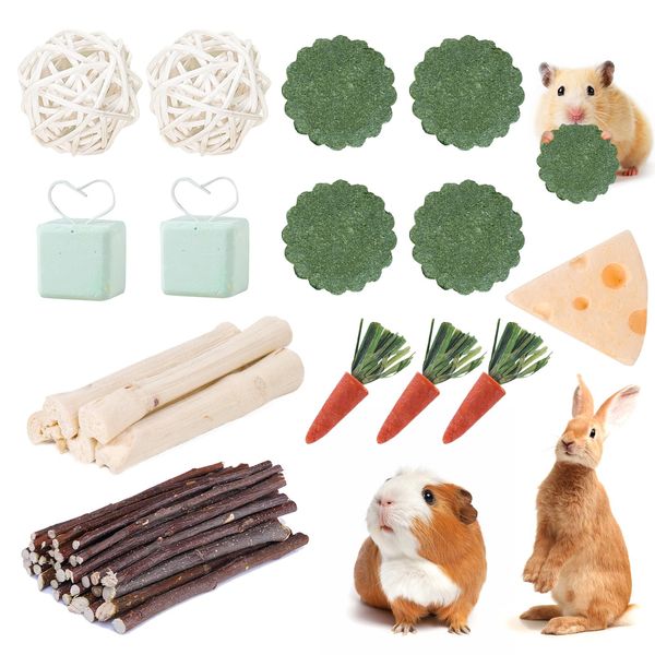 45-55 PCS Natural Rabbit Chew Toys, Bunny Toys, Guinea Pig Hamster Chew Toys, Timothy Cookie, Apple Stick, Carrot Stick, Sweet Bamboo, Clean Teeth, Relieve Boredom, for Chinchilla, Rat, Small Animals