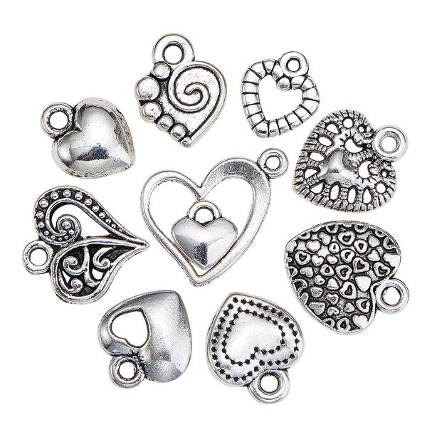 DanLingJewelry 100Pcs 10 Styles Valentine's Day Charms Antique Silver Sweet Heart Charms Hollow Charms for DIY Jewellery Making