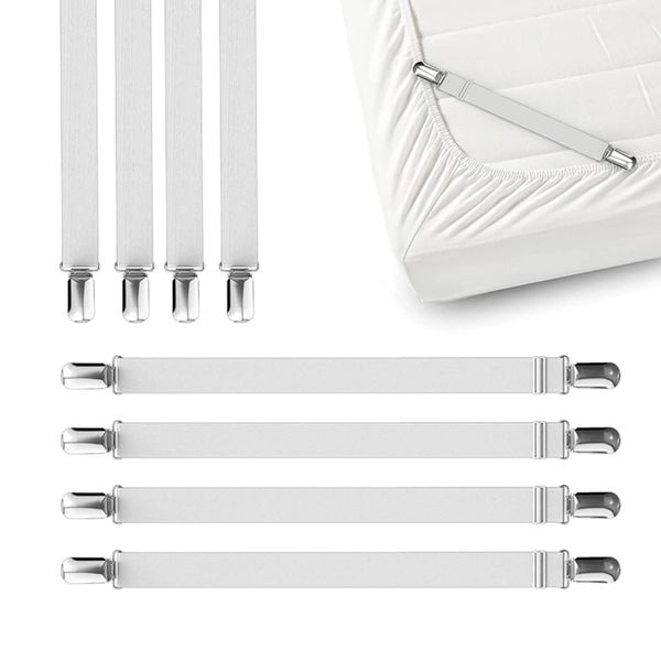 FeelAtHome 8 PCS Bed Sheet Clips Keep Bedsheets in Place-Corner Bands Suspenders for Fitted Sheets - Mattress Sheets Grippers Holders Straps Fits from Twin Queen King Garters Fasteners Clamps (White)