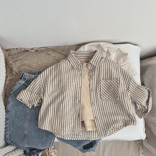 Baby Striped Print Pattern Single Breasted Design Cotton Shirt - 100 (2-3Y) / Beige