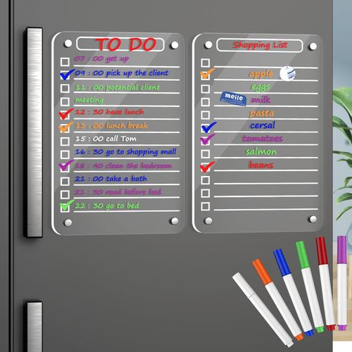 2 Pcs Acrylic Magnetic Dry Erase List Board for Fridge, 8"x12" Clear Magnetic to Do List Board, Kitchen Menu Planner Board for Refrigerator, Includes 6 Colors Markers