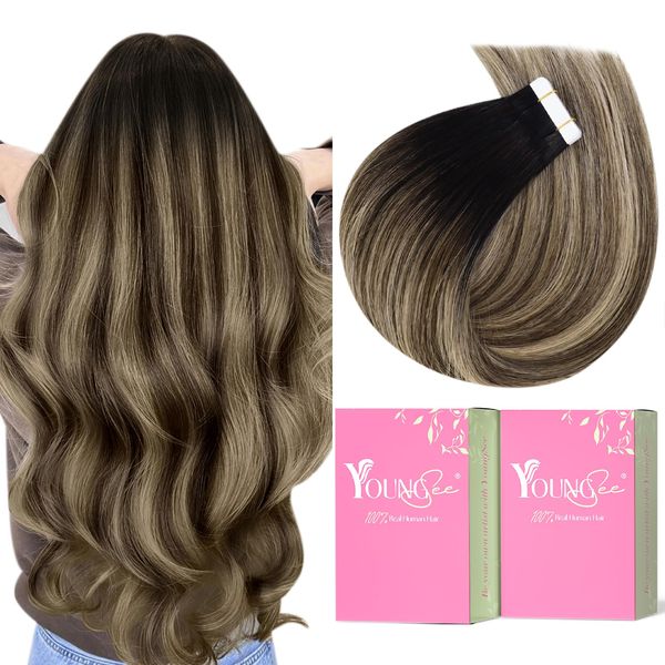 YoungSee Tape in Extensions Echthaar Balayage 45cm Echthaar Extensions Tape Schwarz Ombre Braun Blond Invisible Tape Extensions Echthaar Tape in Extensions Remy Haare fur Damen 50g #1B/4/27