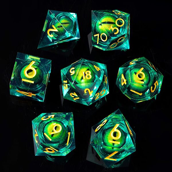 YEMEKO Beholder'S Eye DND Dice- Dragon Eye Liquid Core Sharp Edge Handmade Dice Set for Dungeons and Dragons Ttrpg, Multi-Sided RPG Polyhedral Resin Roleplaying （Green Dragon Eyes）