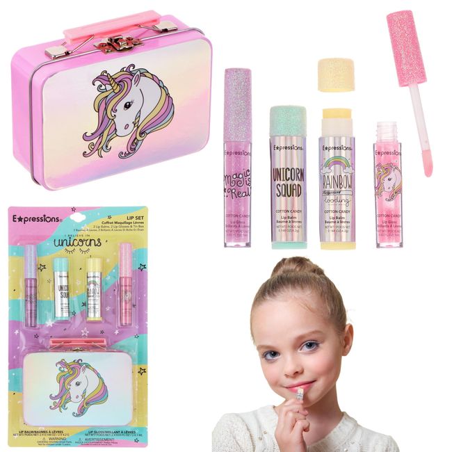 Expressions - 5pc Cosmetics Lip Kit For Kids w/Lip Glosses, Lip Balms & Tin Box Storage Case,"I Believe in Unicorns" Hologrpahic,Washable + Non Toxic