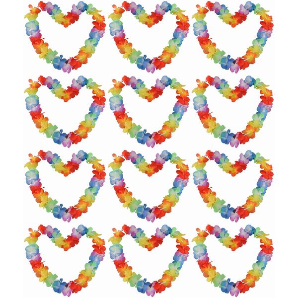 Quickdraw 12 x Light Up Hawaiian Lei Hula Flower Garlands with Flashing LED Lights - Multi-Coloured 34" Flower Necklaces for Hawaiian & Beach Themed Parties, Festivals, Luaus, and Events