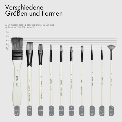 Artify 10 Piece Brush Set - Brushes with Carrying Case for Oil, Watercolour and Gouache Painting for Children and Adults, Beginners and Professionals