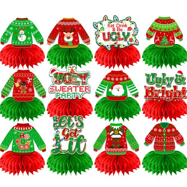 Ugly Christmas Sweater Party Decorations Honecomb Centerpieces,12Pcs Ugly Sweater Party Table Decorations, 3D Ugly Sweater Decorations Table Centerpieces for Tacky Sweater Party Decorations