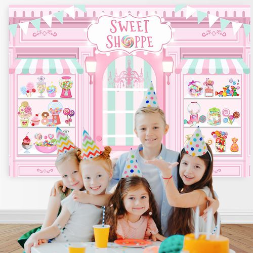 Mocsicka Sweet Shoppe Backdrop 7x5ft Dessert Parlor for Girl Birthday Party Background Decorations Donut Ice Cream Cake Table Decor Photoshoot Studio Props (Pink)