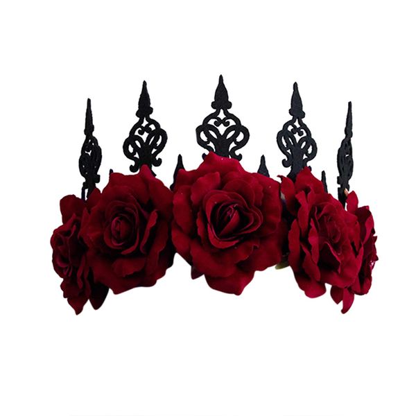 Gothic Red Rose Crown Halloween Tiara Headband Bridal Flower Hair Wreath Garland Wedding Headpiece Floral Head Accessories Headdress for Women Girls Party Bride Photography Props