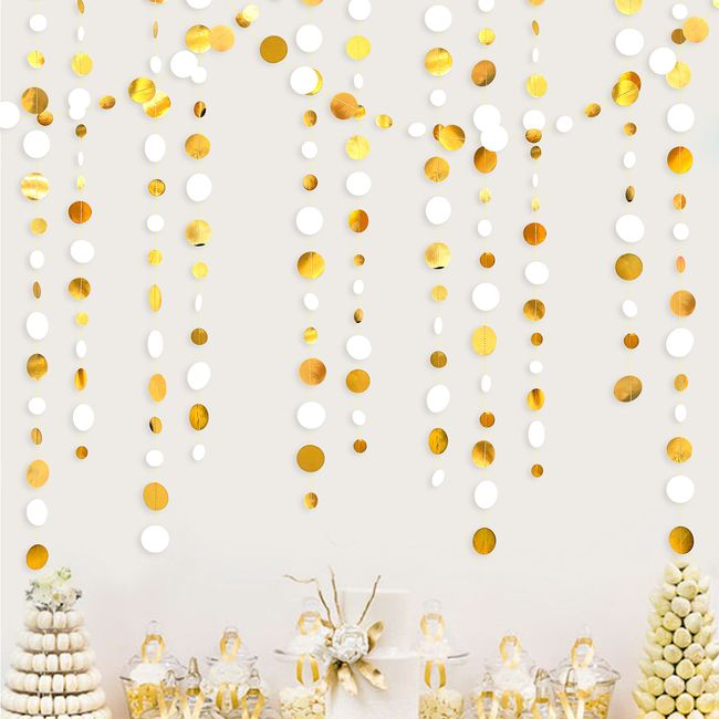 PinkBlume White Gold Size Circle Dot Garland, Approximately 39.8 ft (14 m) Long, White Gold, Round Paper, Hanging Decoration, Baby 100th Celebration, Birthday, Decoration, Girls, Boys, Garland, Round Garland, Graduation, Glitter Circle, Garland, Streamer,