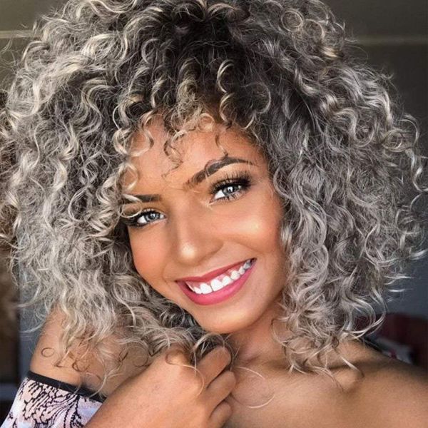 Xinran Curly Afro Grey Wigs for Black Women,Short Grey Curly Afro Wig with Bangs,Synthetic Omber Gray Curly Full Wig 14inch