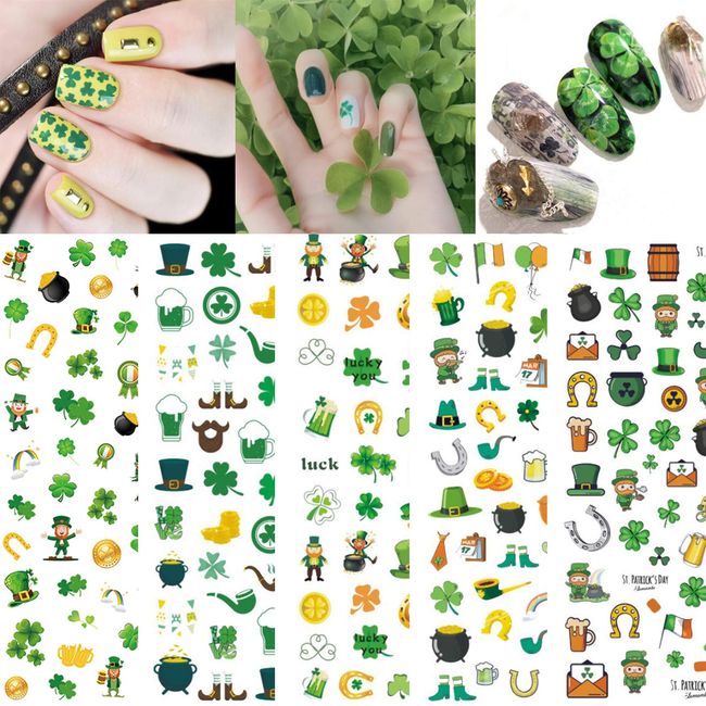 5 Sheets St. Patrick’s Day Decoration Luck of The Irish Nail Art Stickers Decals, Leprechaun Shamrock Nail Sticker Nail Design Self-Adhesive Nail Tips Decoration Nail Stickers for Your Nail Art Design