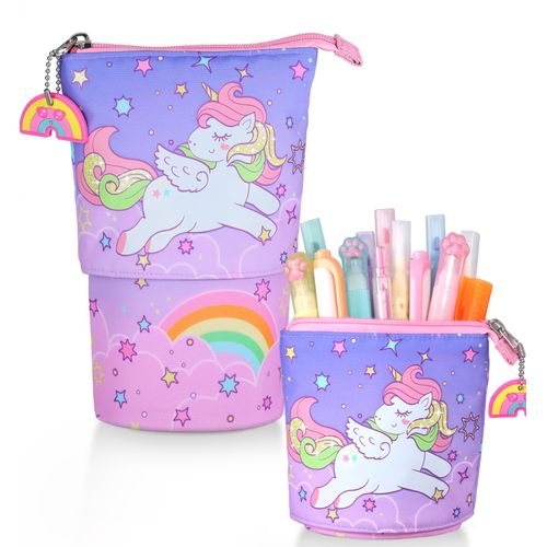 JMHACHY Standing Pencil Case for Kids - Back to School Stuff, Unicorn Telescopic Zipper Pencil Case Aesthetic, Large Capacity Stand up Pen Bag, Portable Pen Holder, Study Supplies for Students