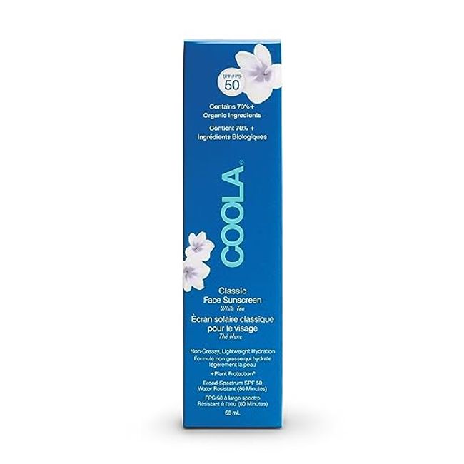 Coola Classic SPF 50 Face Sun Cream Lotion, 70 Percent + Organic Daily SPF Face Moisturiser, Vegan and Paraben Free Sunscreen, Natural White Tea, 50 ml