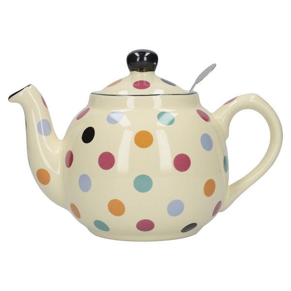 London Pottery Farmhouse Polka Dot Teapot with Infuser, Ceramic, Ivory/Multispot, 600 ml