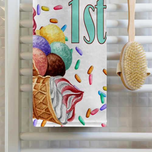 3dRose 15x22 Hand Towel - Cute Ice Cream and Confetti Happy 1st Birthday Kids Happy Birthday