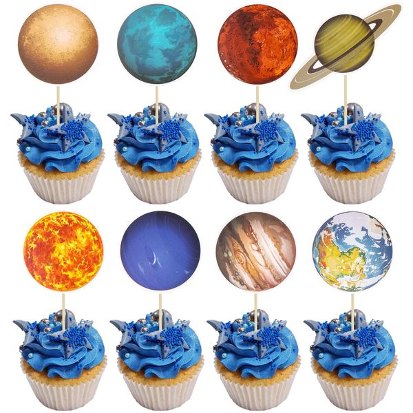 Gyufise 40Pcs Outer Space Cupcake Toppers Planet Rocket Spaceship Trip to the Moon Star Cupcake Picks Solar System Galaxy Universe Planets Birthday Cupcake Decorations Party Supplies