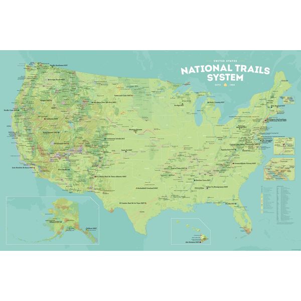 US National Trails System Map 24x36 Poster (Green & Aqua)