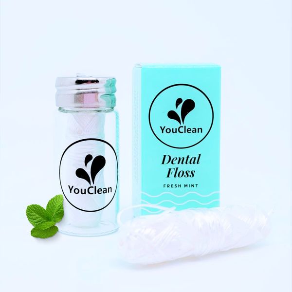 YouClean Natural Peppermint Essential Oil Infused Vegan Plant-Based Waxed Dental Floss 38 Yards/ 35 Meters in Refillable Glass Jar