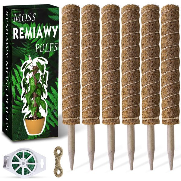 Moss Pole 173cm 68 Inch, 6 Pack Moss Pole for Monstera, 40cm Coir Totem Pole for Climbing Plants Support Extension Indoor Moss Sticks for Plants Monstera Pole with 65 Feet Garden Twist Tie