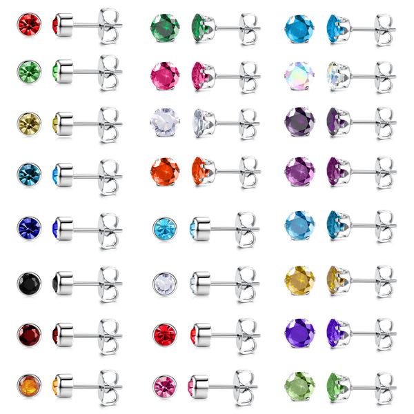 Dochais 24 Pairs Stud Earrings for Women Mens, Hypoallergenic Earrings, Cubic Zirconia Stud Earrings, Diamond Studs Earrings Women, Stainless Steel Earrings Studs, Colorful Stud Earrings 20G