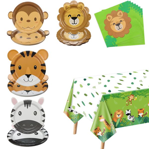 61 Pcs Safari Birthday Decorations - Safari Theme Party Supplies Include Animal Shaped Paper Plates, Jungle Tablecloth, Napkins, Jungle Party Decorations for Wild One Birthday, Baby Shower, Serves 20