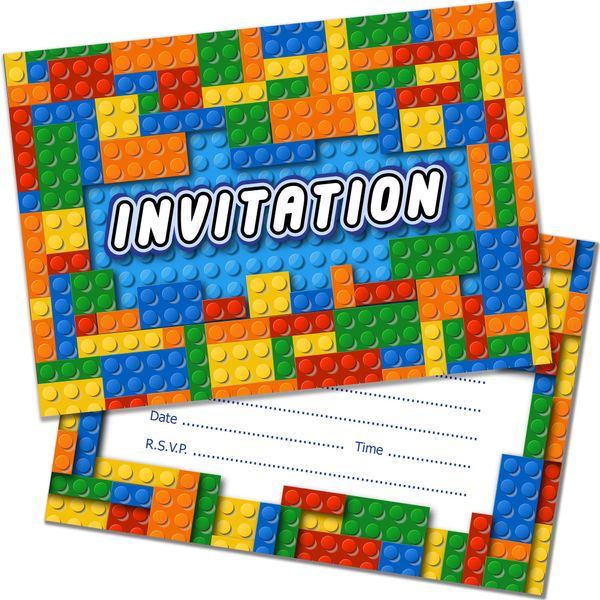 20 x Building Block Kids Birthday Invitations - A6 Double Sided Cards with Envelopes. Designed and Printed on The UK