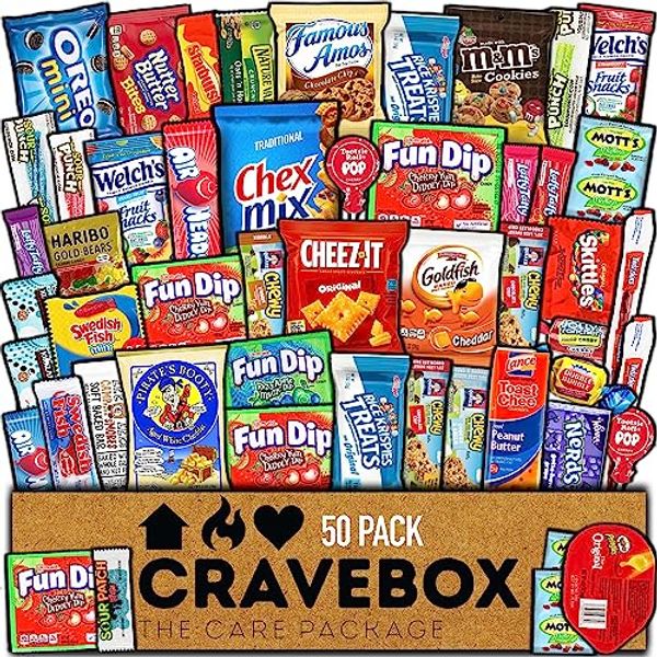 CRAVEBOX Snack Box Variety Pack Care Package (50 Count) Treats Gift Basket Boxes Pack Adults Kids Grandkids Guys Girls Women Men Boyfriend Candy Birthday Cookies Chips Teenage Mix College Student Food Sampler Office Back to School