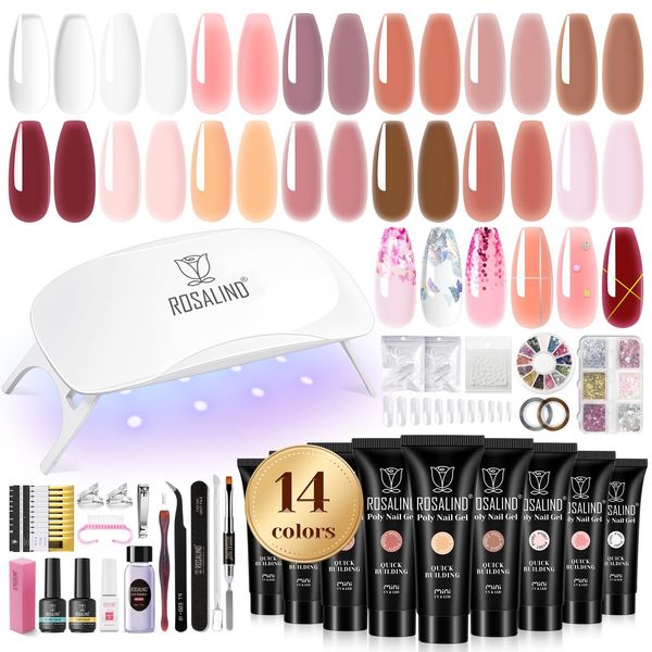 ROSALIND Poly Nail Gel Kit -14 Colors +72 Nail Art Accessories kit Clear Nude Poly Nails Gel Kit Starter Kit With Slip Solution Pro Nude Pink Nail Extensions Gel Set with Mini UV Lamp