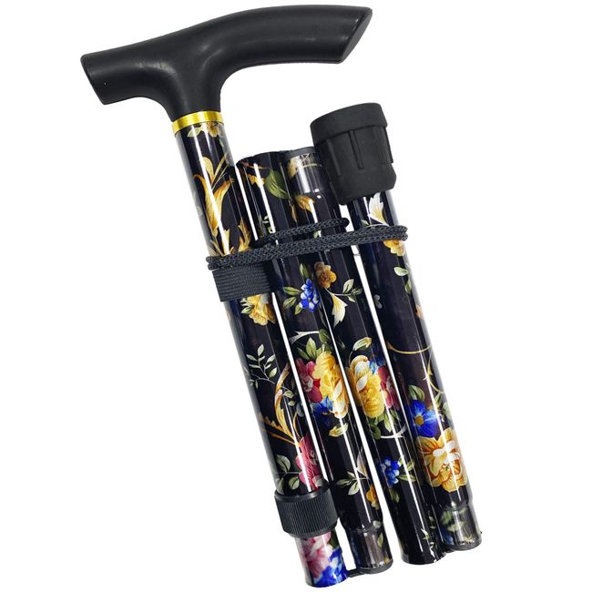 VIROSA Black Floral Walking Stick, Lightweight Foldable, Extendable Adjustable Walking Cane | Flexible and Durable | Walking Aid Mobility Aid | Collapsible Walking Stick